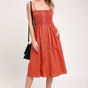 Lulu's Terra Cotta Button-Front Midi dress
